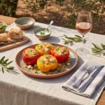 Wein zum Essen – Gefüllte Paprikaschoten mit Couscous und Feta auf mediterran gedecktem Gartentisch