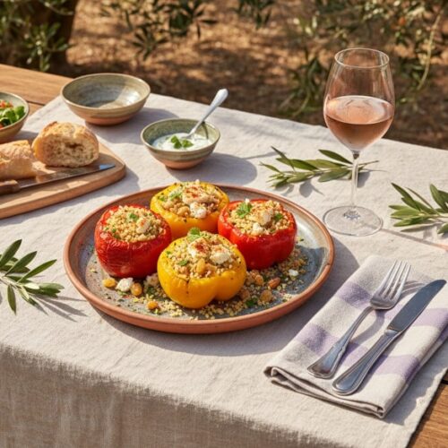 Wine with food - Stuffed peppers with couscous and feta on a Mediterranean-style garden table