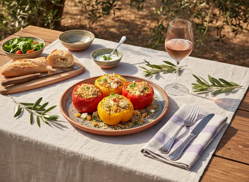 Wine with food - Stuffed peppers with couscous and feta on a Mediterranean-style garden table