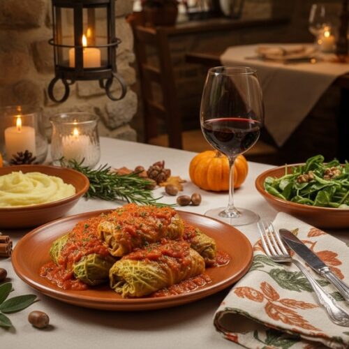 Wine with food Stuffed savoy cabbage roulades with tomato sauce, mashed potatoes and Montepulciano d'Abruzzo