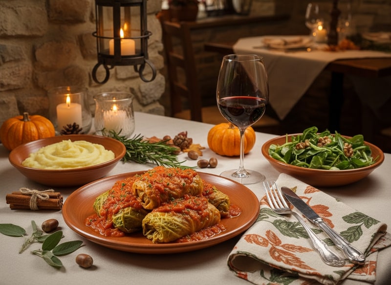 Wine with food Stuffed savoy cabbage roulades with tomato sauce, mashed potatoes and Montepulciano d'Abruzzo