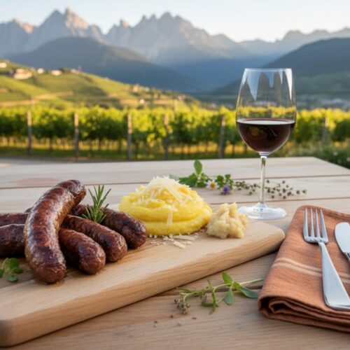Wein zum Essen mit gegrillten Kaminwurzen und cremiger Polenta, serviert im Südtiroler Almhüttenstil – dazu ein Glas kräftiger Rotwein auf Holztisch mit Bergpanorama