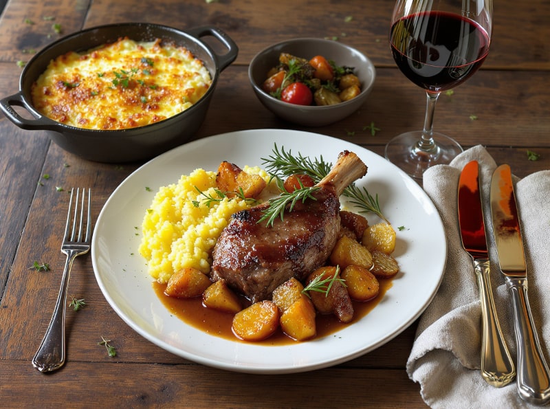 Wine with food Braised lamb shank with rosemary & root vegetables on a rustic wooden table