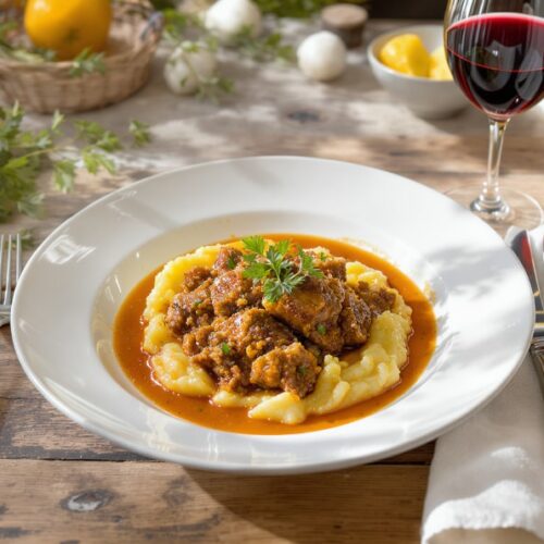 Wein zum Essen Kalbsragout mit Kräutern & Pastinaken auf gedecktem französischen Landhaustisch