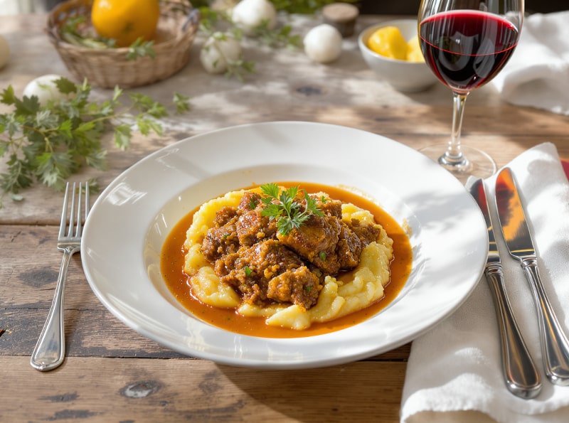 Wine with food Veal stew with herbs & parsnips on a French country house table