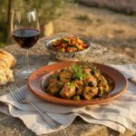 Wein zum Essen – Kaninchenragout mit Oliven und Kräutern der Provence auf rustikalem Steintisch mit Glas Côtes du Rhône Villages