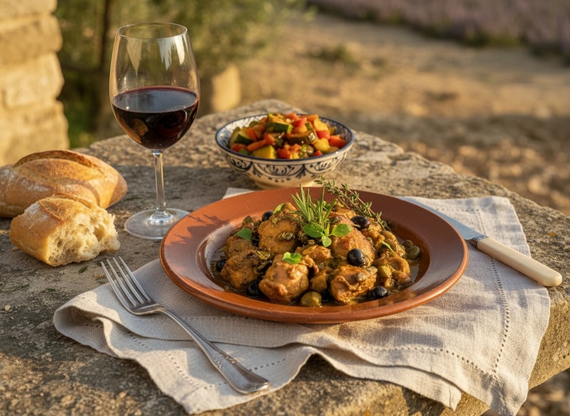 Wine with food - rabbit ragout with olives and herbs of Provence on a rustic stone table with a glass of Côtes du Rhône Villages