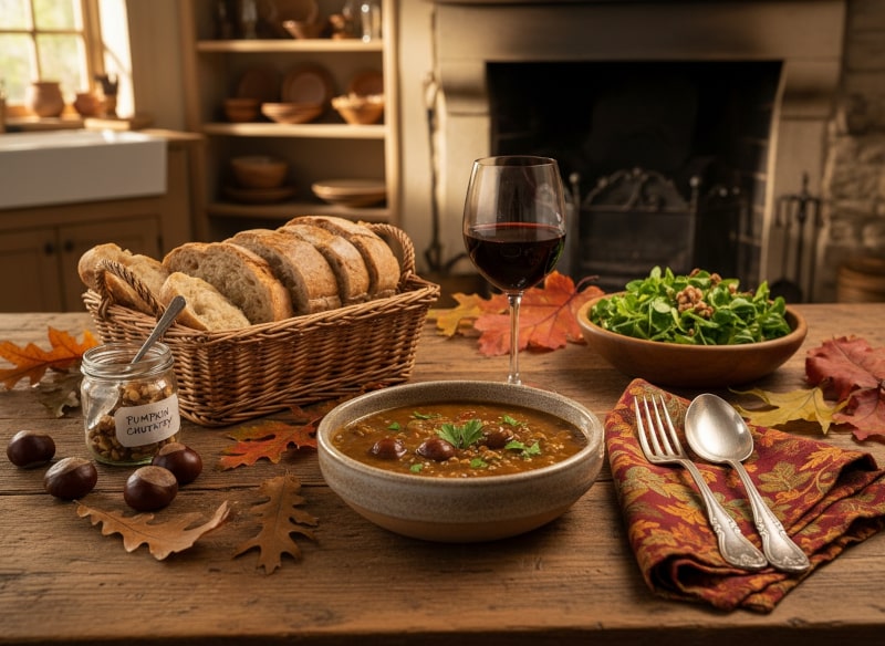 Wine with the meal Chestnut and lentil stew with root vegetables and Pinot Noir from New Zealand