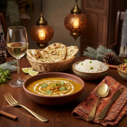 Wein zum Essen – Kürbis-Linsen-Curry mit Kokosmilch, Basmatireis, Naan-Brot und Gewürztraminer Alsace AOC