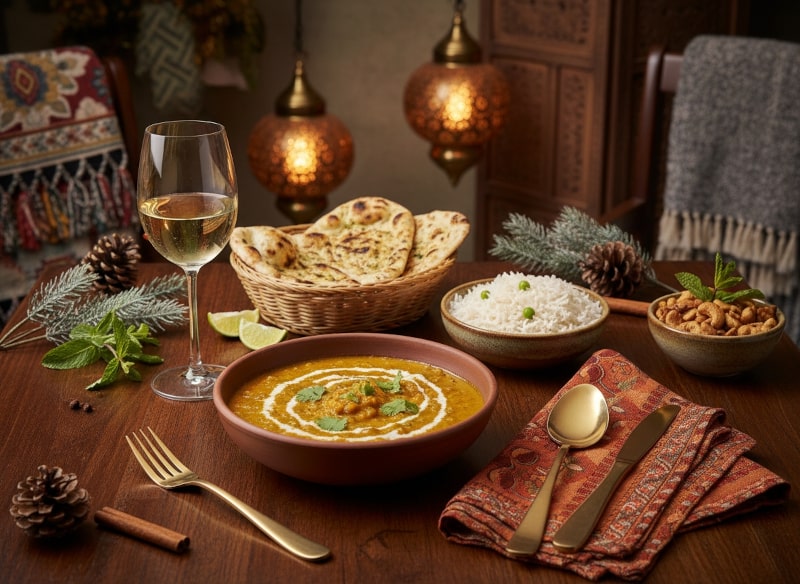 Wine with food - Pumpkin and lentil curry with coconut milk, basmati rice, naan bread and Gewürztraminer Alsace AOC
