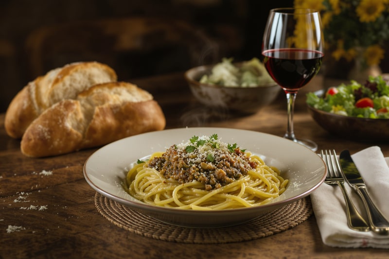 Wine with food - lentil and mushroom Bolognese with herbs and pecorino on a rustic wooden table with a Chianti glass