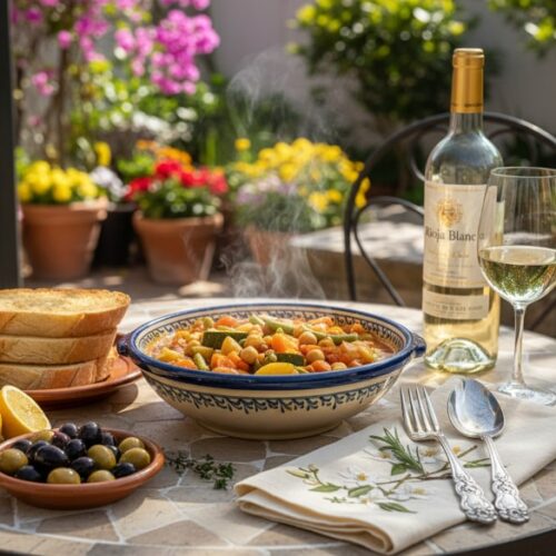 Wine with food Menestra de Verduras with Rioja Blanco on a Spanish garden table, white bread and olives on the side