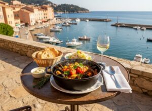 Wine with food Bouillabaisse style mussel stew with Mediterranean scenery and Picpoul de Pinet