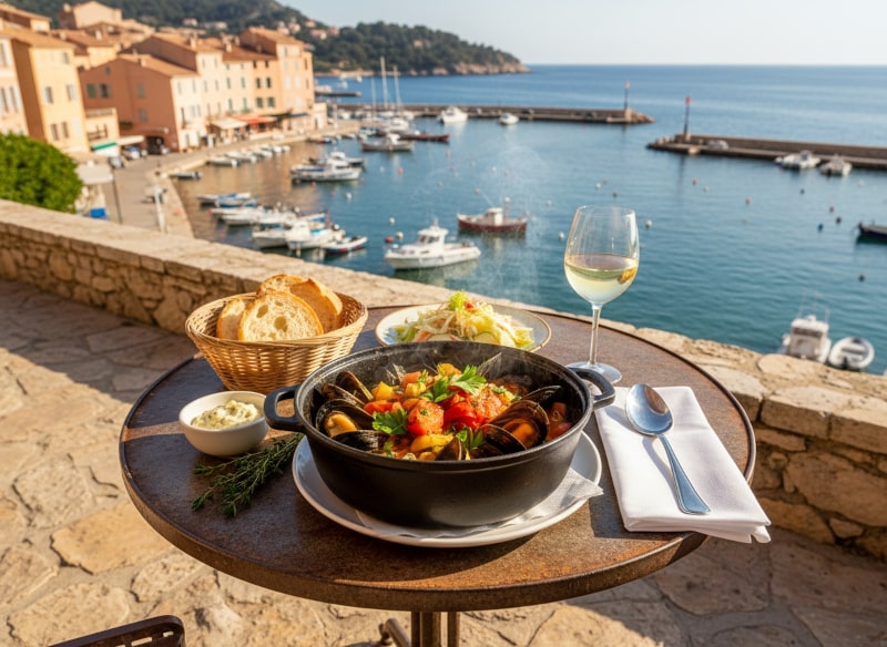 Wine with food Bouillabaisse style mussel stew with Mediterranean scenery and Picpoul de Pinet