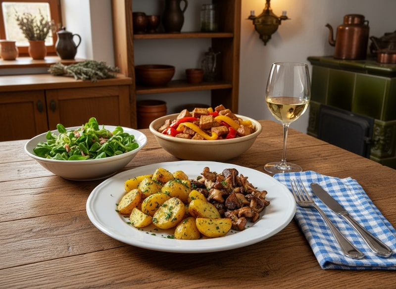 Wine with the meal Baked potatoes with fried mushrooms, parsley oil, Palatinate Pinot Gris,
