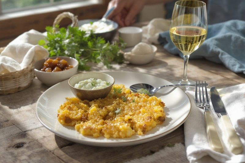 Wine with food - parsnip rösti with herb quark and apple chutney on a rustic wooden table with a glass of Sauvignon Blanc