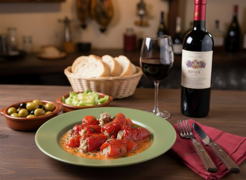 Wine with food Pimientos del piquillo rellenos de carne with tempranillo, white bread and olives on a Spanish tapas platter