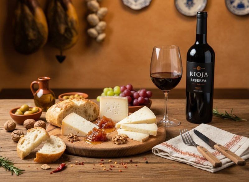Wine with food Queso de Cameros with Rioja Reserva, quince paste, honey and farmhouse bread on a Spanish tapas platter