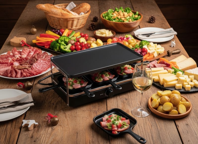 Wine with food Raclette with vegetables, raw ham and cheese, Swiss table, Fendant in a glass, colorful raclette, party dish, alpine decoration.