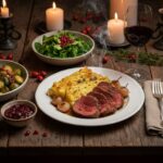 Wein zum Essen – Rehkeule mit Portwein-Zwiebeln und Kartoffelgratin auf rustikalem Holztisch mit Glas Blaufränkisch Eisenberg DAC