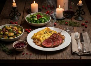 Wine with food - leg of venison with port wine onions and potato gratin on a rustic wooden table with a glass of Blaufränkisch Eisenberg DAC