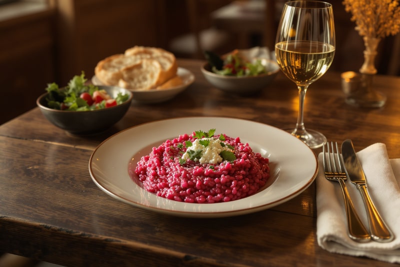 Wine with food - Beetroot risotto with horseradish and goat's cheese on a wooden table with a Pinot Gris glass