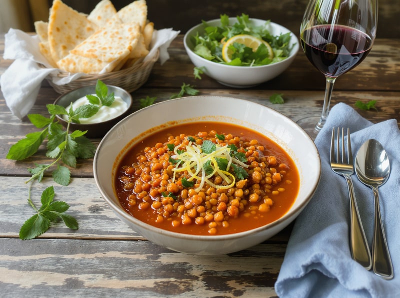 Wine with food Red lentil stew with root vegetables & cumin on a rustic wooden table
