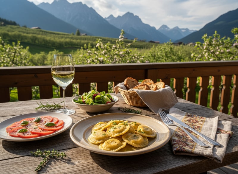Wine with food Schlutzkrapfen with spinach and ricotta filling & brown butter, South Tyrolean landscape, wooden table, side dishes, white wine, Mediterranean table scene.