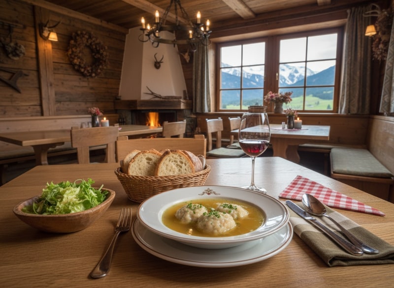 Wine with the meal Bacon dumplings in beef broth with Vernatsch, South Tyrolean country house style on a wooden table, leaf salad, bread and rustic decoration.