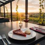 Wein zum Essen Tarta de Peras al Vino Tinto mit Rioja und Vanilleeis auf herbstlichem Gartentisch, Walnüsse und Mandeln als Beilage