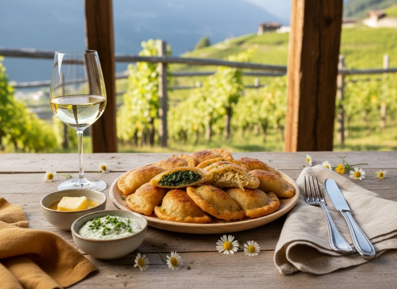 Wine with food with Tirtlan: South Tyrolean specialty with sauerkraut and spinach on a rustic wooden plate, served with Müller-Thurgau DOC in a glass - alpine setting with wooden decor, herbs and mountain views