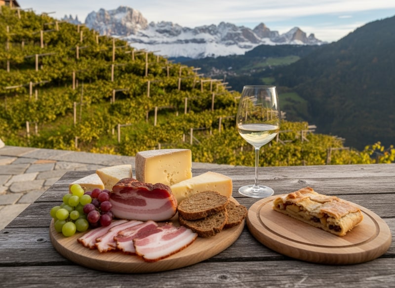 Wine with food in South Tyrol - table laid with speck, cheese and white wine in front of the Dolomites and Pergel vineyards