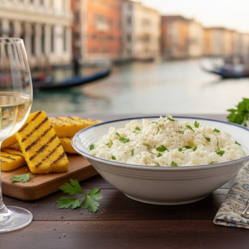 Wine with food: Creamy baccalà mantecato on polenta alongside a glass of Soave Classico white wine in Venice.