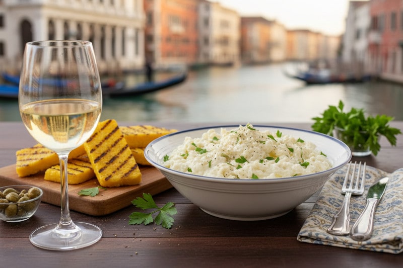 Wine with food: Creamy baccalà mantecato on polenta alongside a glass of Soave Classico white wine in Venice.