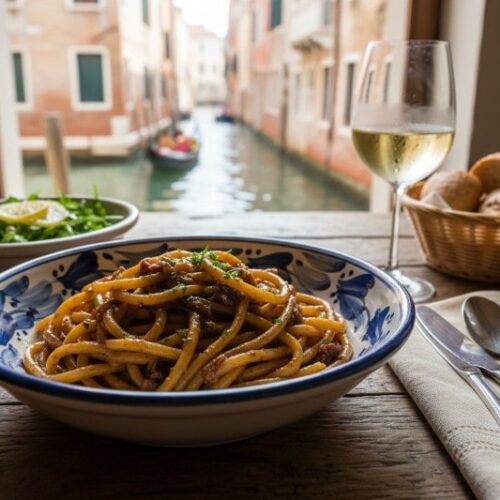 Wine with food: Traditional Venetian bigoli in salsa pasta with anchovies and onions on a table in Venice.