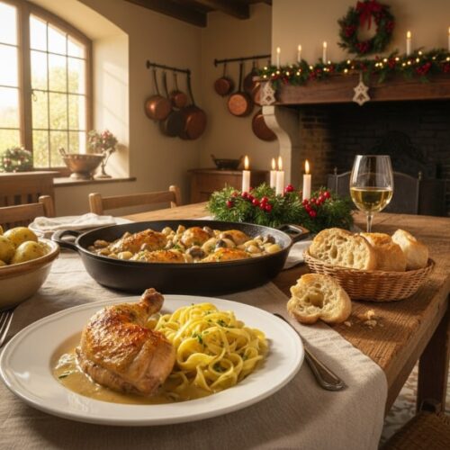 Wine with food Coq au Vin Blanc with chicken, white wine sauce, vegetables and herbs, French-style country house table, Riesling wine glass, braised dish.