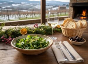 Wine with food - lamb's lettuce with goat's cheese and fresh ingredients on a beautifully laid table.