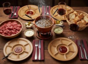 Wine with food: Fondue Bourguignonne with a trio of sauces, perfectly accompanied by a smooth Merlot from the Colli Orientali del Friuli.