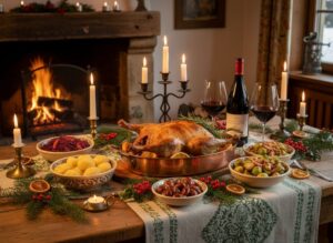 Wine with food: Roast goose with red cabbage and potato dumplings, served with Pinot Noir from Baden on a festive table.