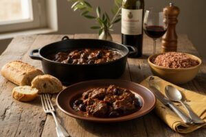Wine with food - Hearty bull stew Gardiane de Taureau with olives and a glass of Gigondas red wine.