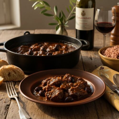 Wine with food - Hearty bull stew Gardiane de Taureau with olives and a glass of Gigondas red wine.