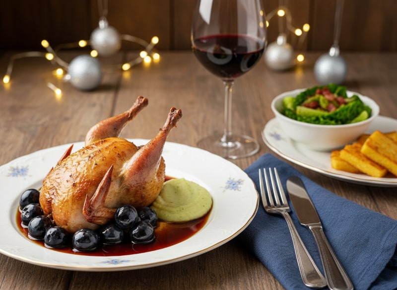 Wine with the meal Roast quail with grapes and rosemary jus alongside a glass of Burgundy wine.