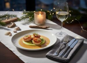Wine with the meal Scallops on celeriac puree with vanilla jus, elegantly arranged fine dining plate, Sauvignon Blanc Marlborough in a glass, festively laid restaurant table.