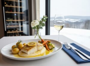 Wine with food - cod with cauliflower puree and lemon butter, served with baked potatoes, vegetables and a glass of Chablis in a modern bistro ambience