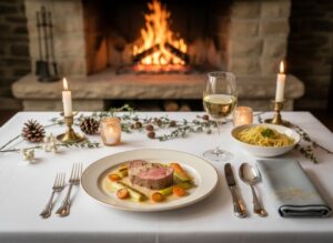 Wine with the meal Veal fillet in white wine cream with carrots and leeks on an elegantly laid winter table, served with Chenin Blanc Vouvray AOC in a glass.
