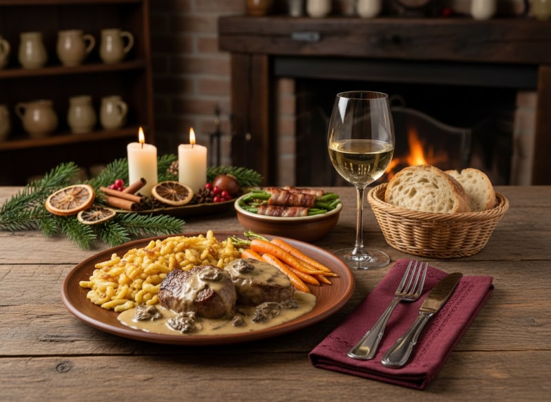 Wine with food - veal medallions with morel cream and spaetzle, served with vegetables and a glass of Pinot Blanc in a cozy tavern atmosphere