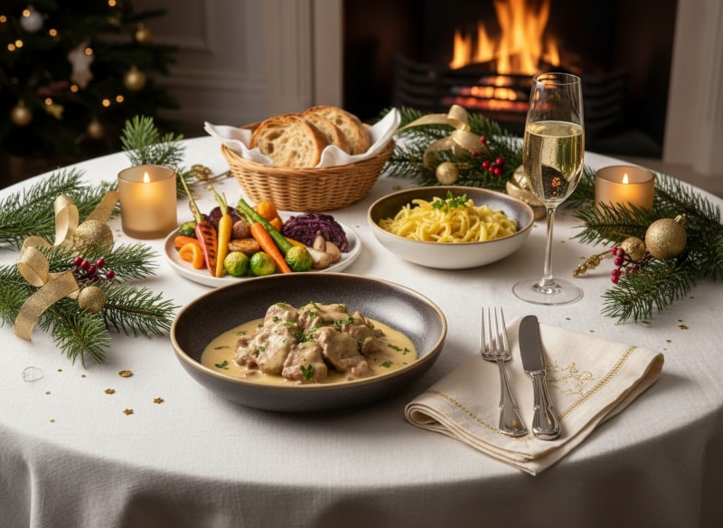 Wine with food Veal stew in champagne sauce with winter vegetables on a festive winter table, Champagne Blanc de Blancs in a glass, elegant braised dish.