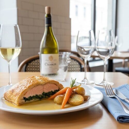 Wine with food: Crispy salmon fillet in puff pastry with spinach and lemon butter, accompanied by a mineral Chablis from Burgundy.