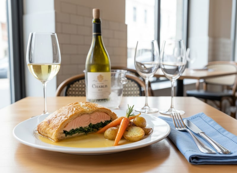 Wine with food: Crispy salmon fillet in puff pastry with spinach and lemon butter, accompanied by a mineral Chablis from Burgundy.