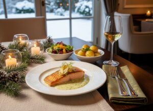 Salmon fillet with dill sauce and caramelized fennel strips served in detail on a white porcelain plate, parsley potatoes and winter leaf salad next to it, festively laid restaurant table with candlelight, fir branches and glasses of Grüner Veltliner, snow-covered garden visible through the window in the background.